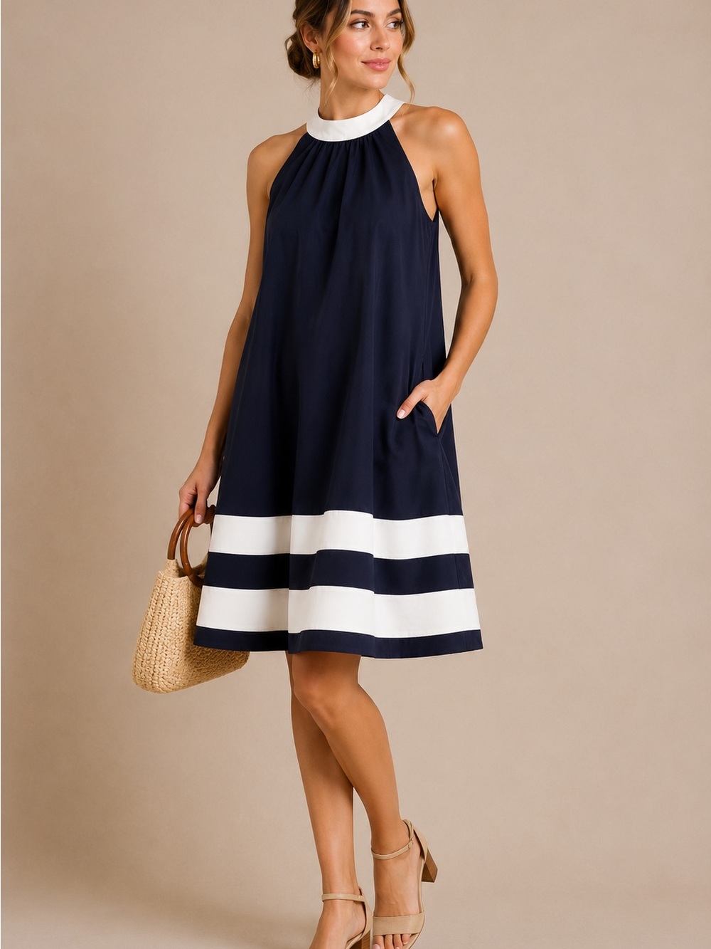 Christian Lacroix Navy White Halter Dress Bow Back Pockets XS